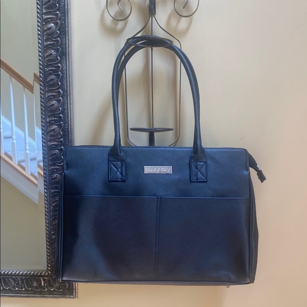 New Mary Kay Black faux Leather Tote Bag with bright floral lining